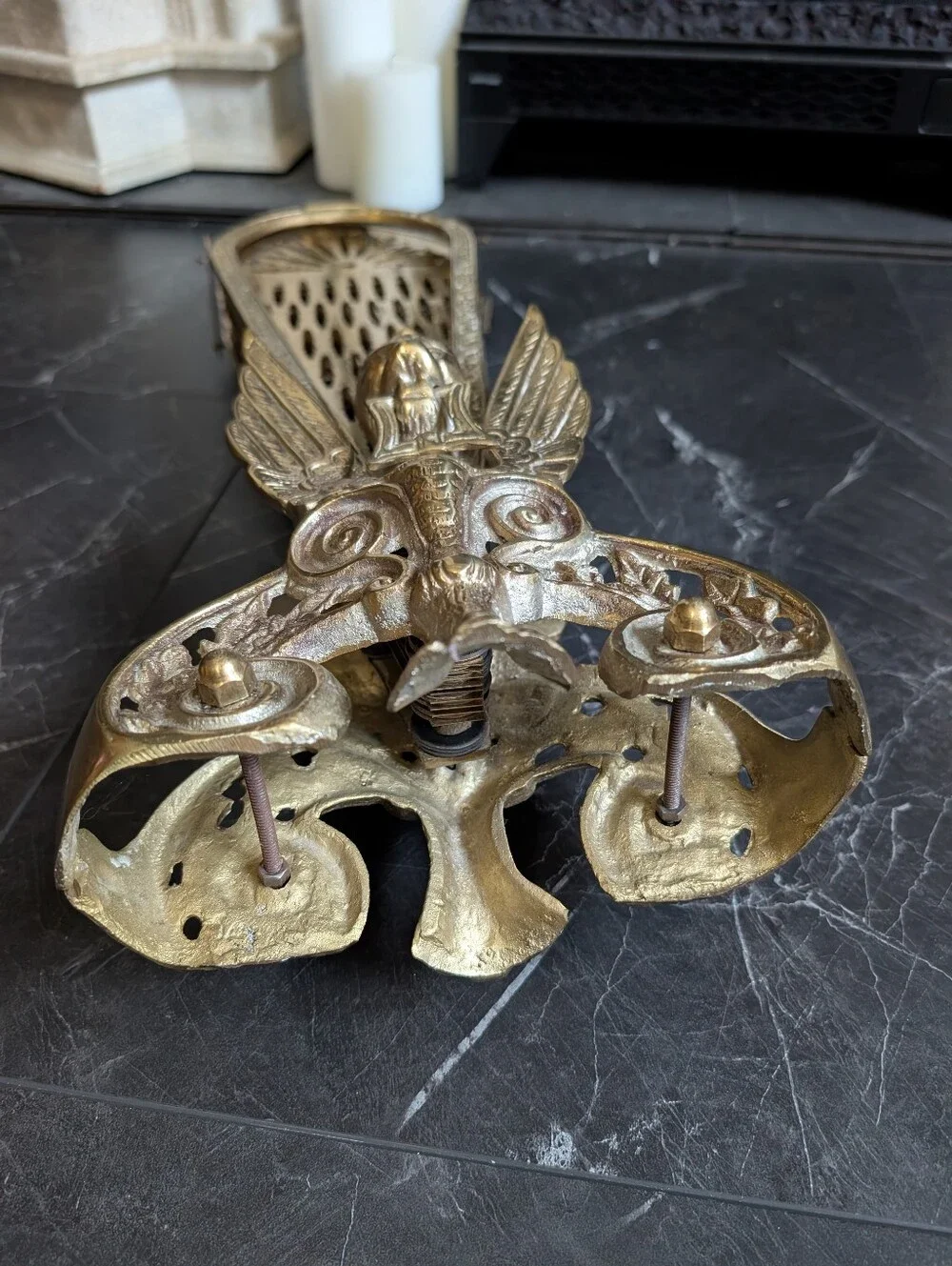 Vintage Solid Brass Griffon Peacock fireplace screener Art Deco Statement Decor